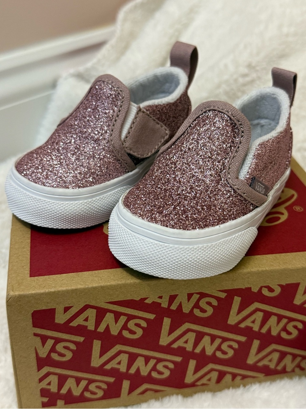 Vans Baby/Toddler Slip-On Sneakers in Rose Gold Glitter